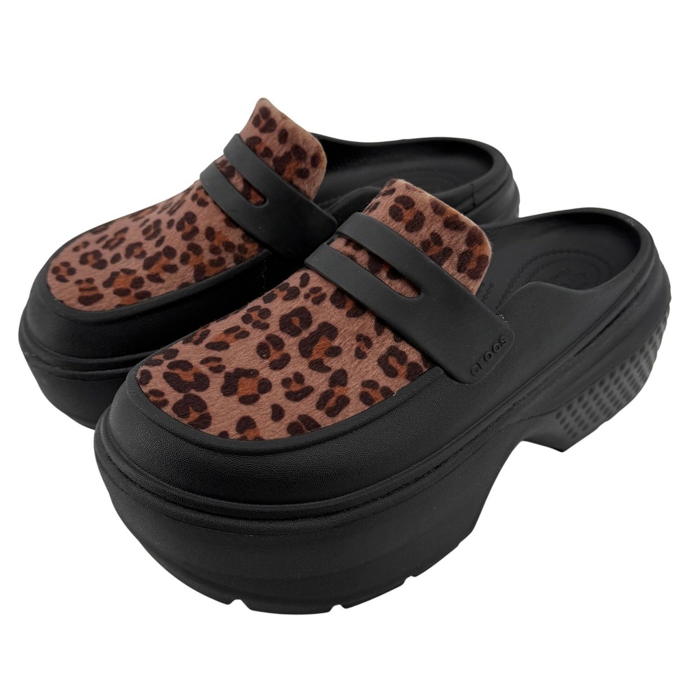 Crocs Stomp Leopard Loafer Clog Black Women 7 Platform Chunky Y2K Slip On Funky